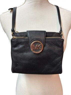 MICHAEL Michael Kors Black Leather Crossbody with Gold MK Emblem